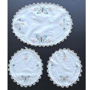 Vintage Embroidered Butterfly Lace Doilies Set of 3 White Blue Pink Floral